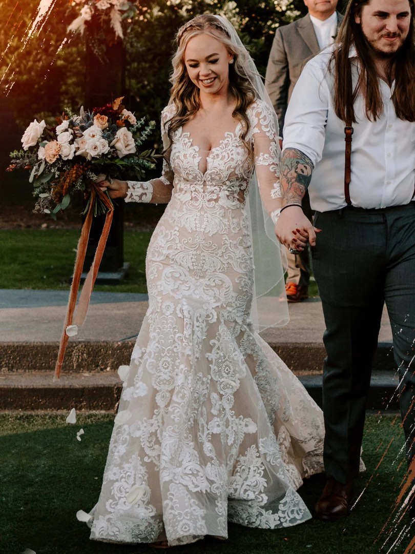 Long sleeve plunging neckline wedding dress clearance