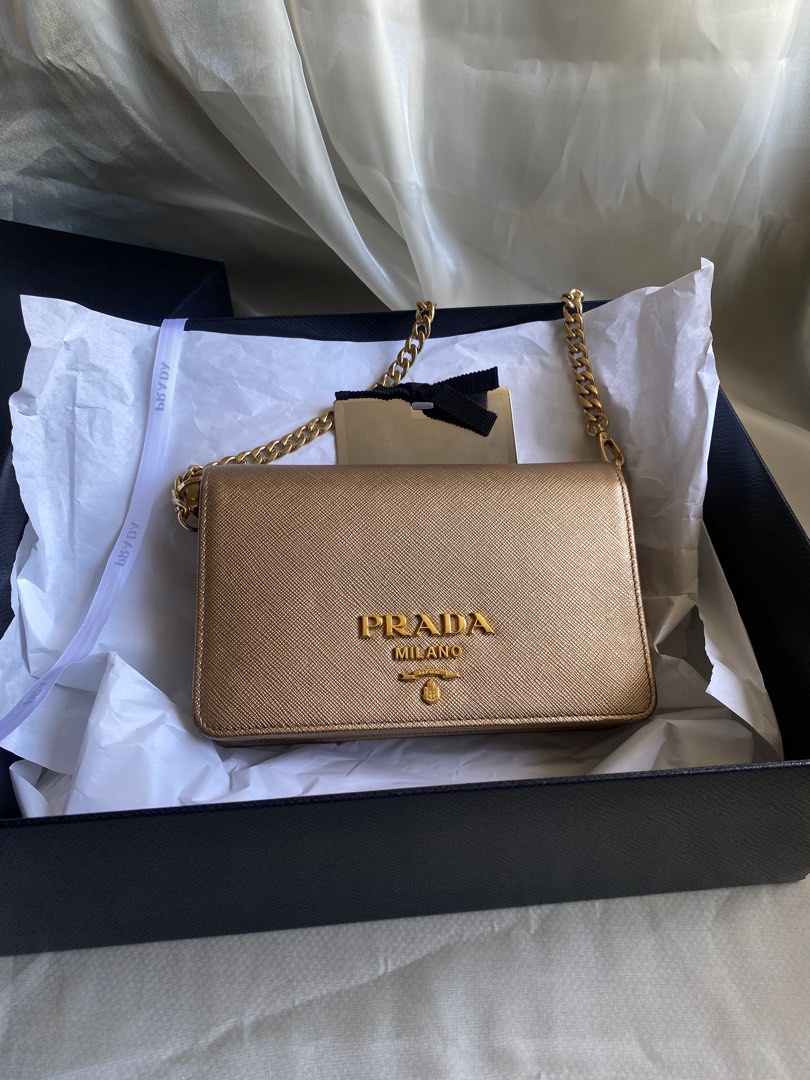 PRADA blue saffiano leather gold logo chain crossbody long wallet clutch  bag WOC
