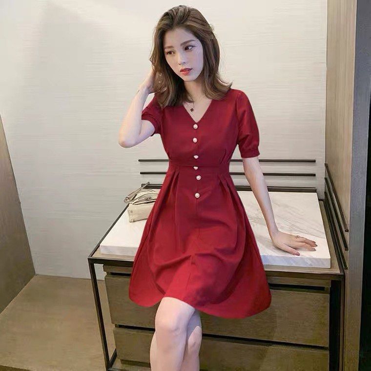Red dress one piece dress office dress