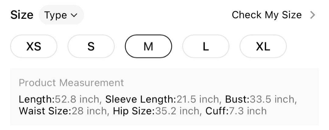 Shein size 2025 chart in inches