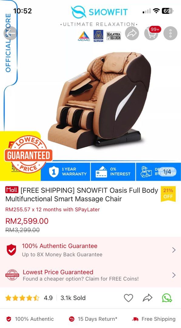 SNOWFIT Oasis Full Body Multifunctional Smart Massage Chair