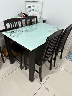 Tempered glass wood 4 seater dining set
