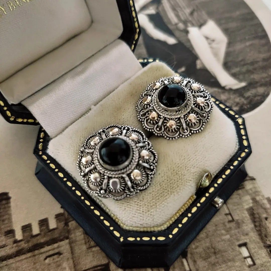 925 Sterling silver Earrings Oval Cabochon Black Onyx Bezel Set Hanging  Earrings