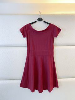 正韓酒紅圓領短袖棉質短洋裝/二手近全新