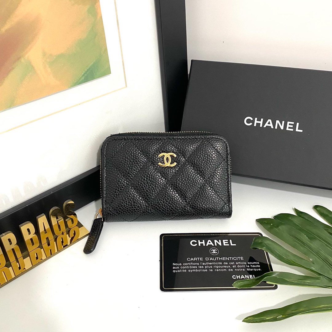 % Authentic Chanel Black Quilted Caviar Small Zip Coin Purse With