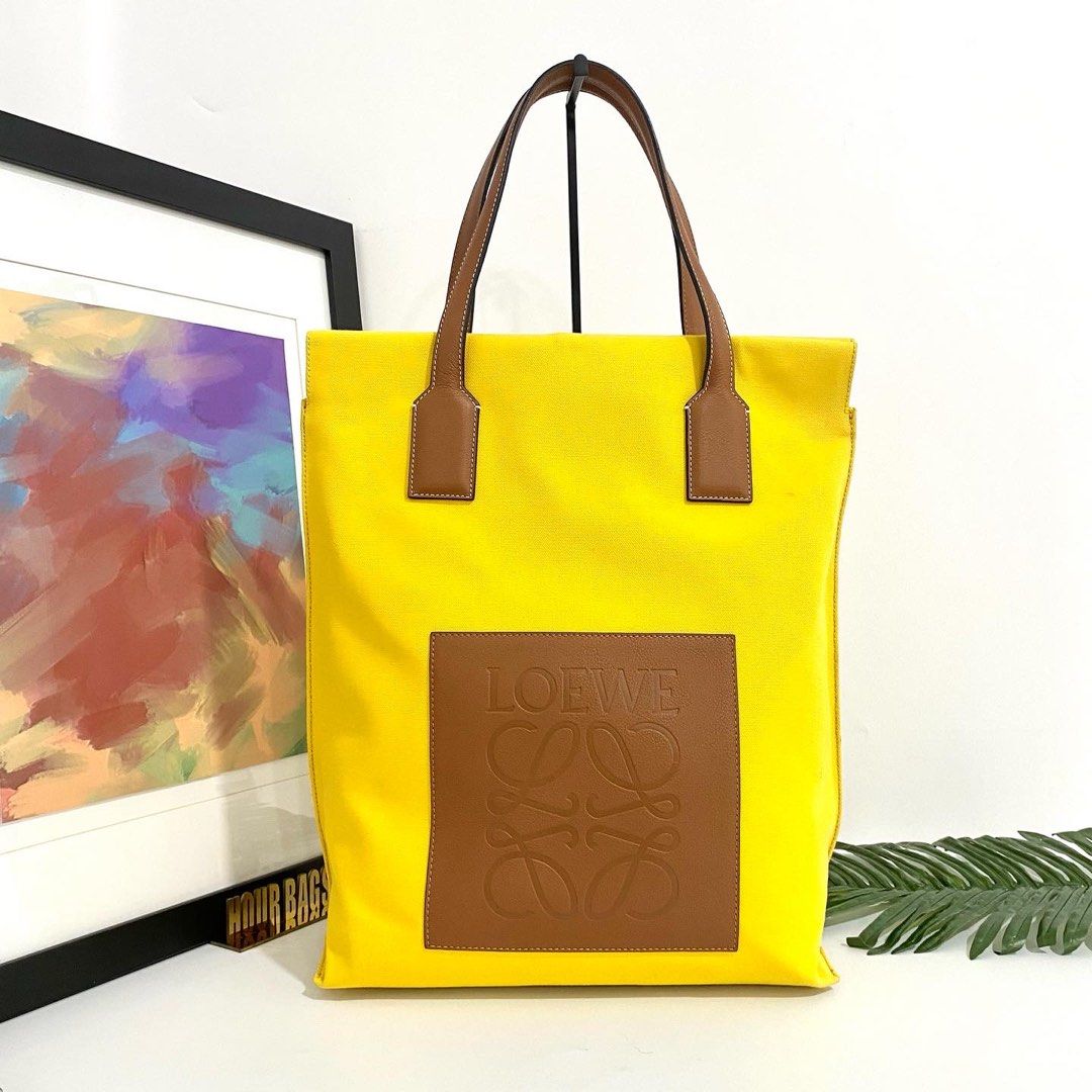 Authentic Loewe Yellow Color And Brown Leather Logo Canvas