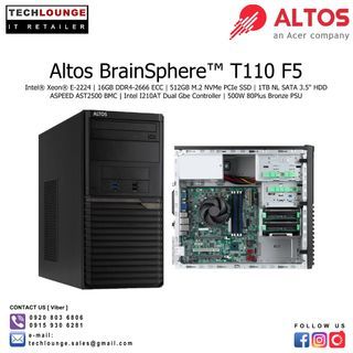 ACER ALTOS Brainsphere T110 F5 Tower Server - Intel® Xeon® E-2224, 16GB DDR4-2666 ECC, 512GB M.2 NVMe PCIe SSD, 1TB NL SATA 3.5" HDD, ASPEED AST2500 BMC, Intel I210AT Dual Gbe Controller, 500W 80Plus Bronze PSU