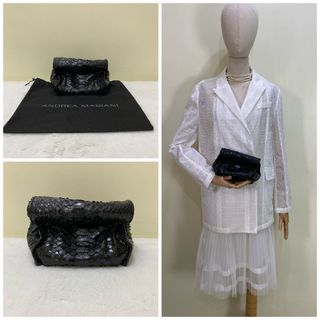 Andrea Mabiani Black Slouchy Python/Snakeskin lunch Bag/Paper Bag Design Mini Clutch/Pouch Bag