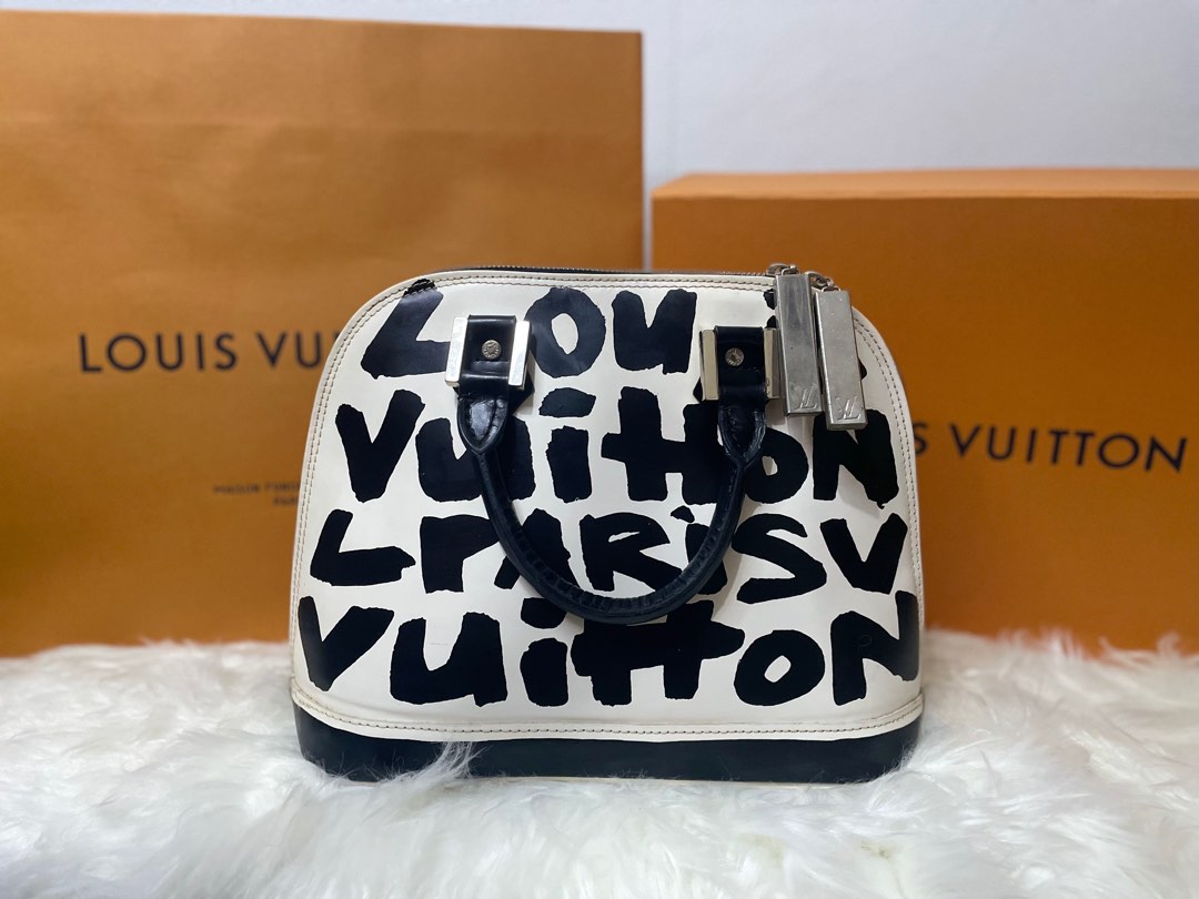 Authentic New Limited Edition Louis Vuitton White Alma MM Sprouse Black  Graffiti Hand Bag