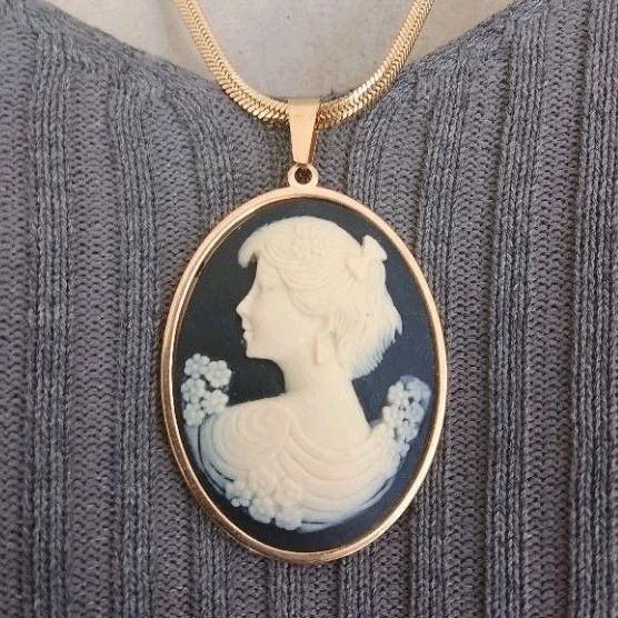 Cameo Necklace, Victorian Lady Black Cameo Pendant, Gold
