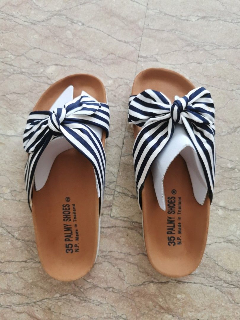 Blue white strips ribbon slippers sandals flats with height