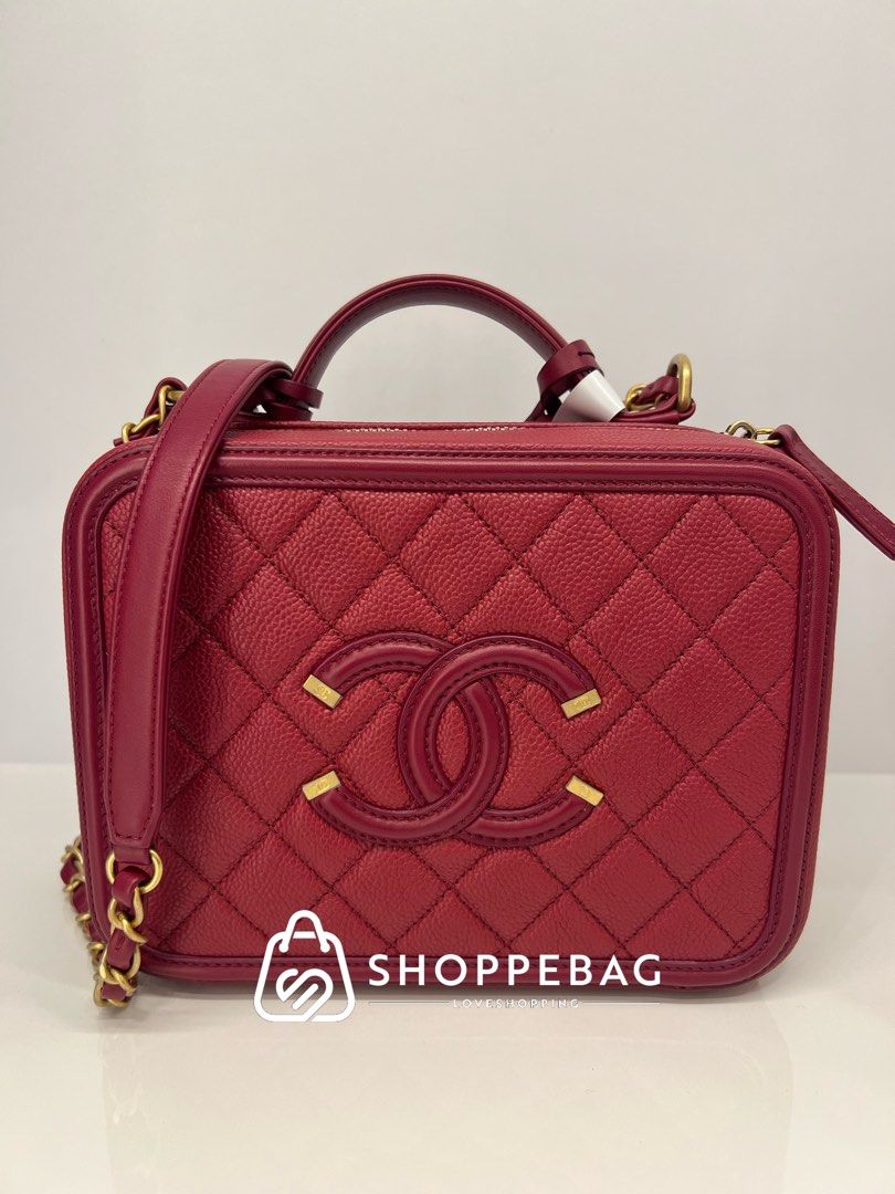 Chanel CC Filigree Medium Vanity Case Caviar Leather Dark Red