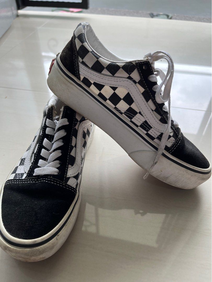 White and sale silver checkered vans