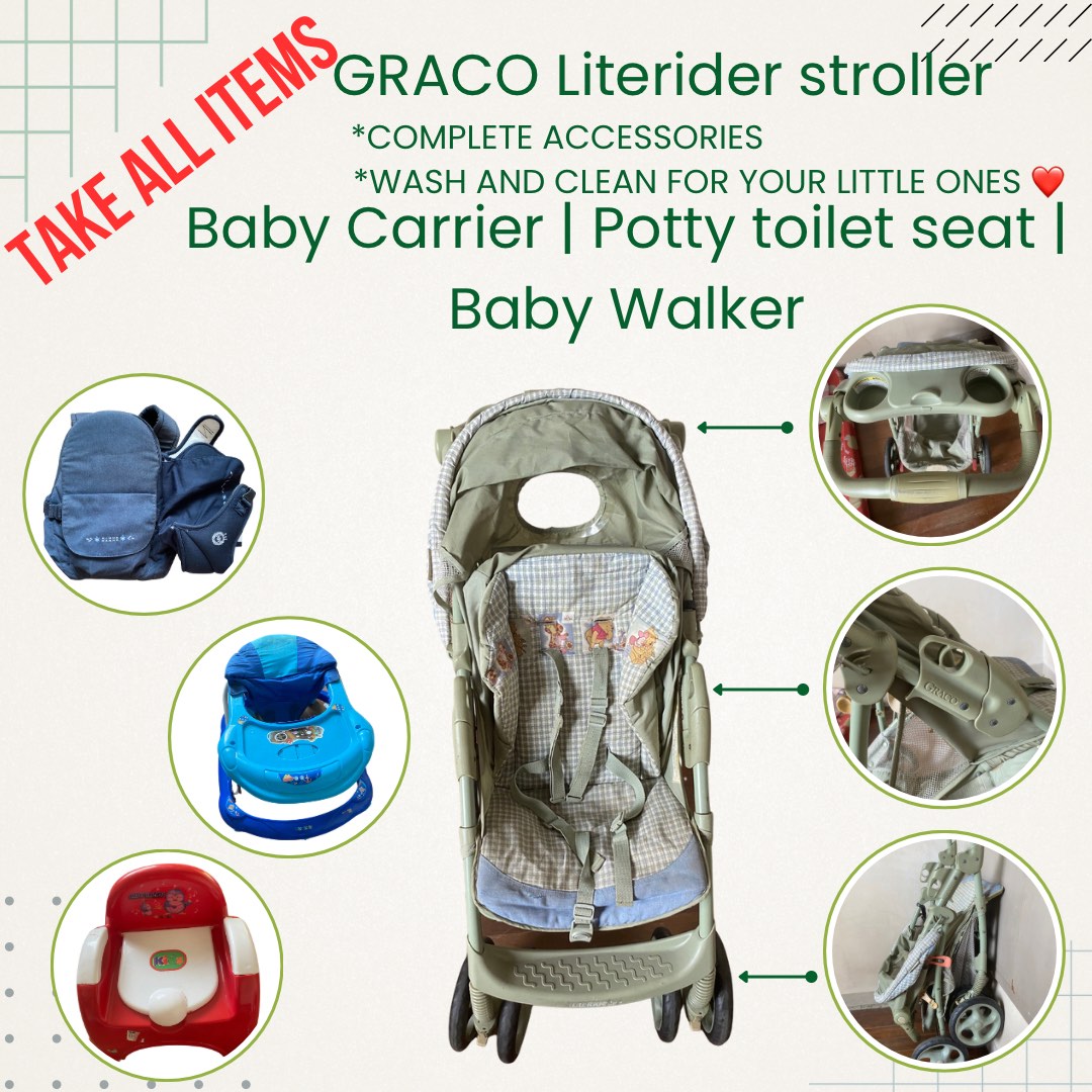 Graco Literide Stroller (Used) TAKE ALL Baby Carrier, Potty Toilet Seat