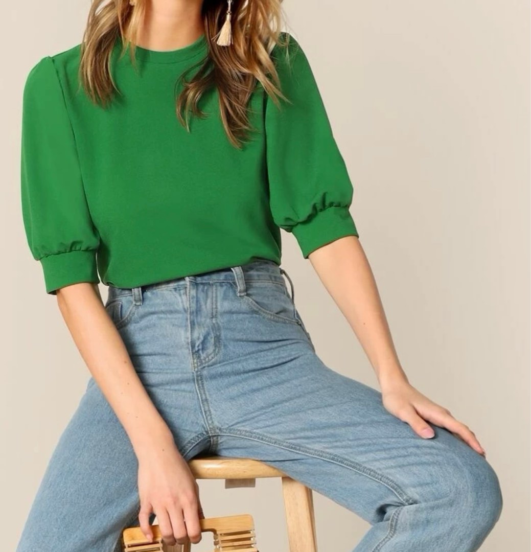 Green Puff Sleeve Keyhole Back Blouse, Women's Fashion, Tops, Blouses ...