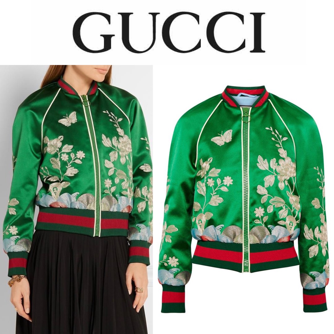 Gucci Green Silk Embroidered Bomber Jacket Women s Fashion Coats