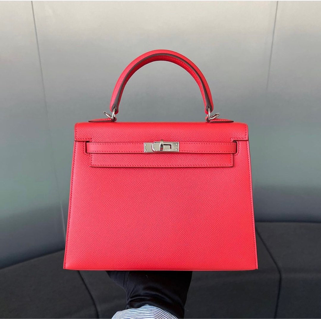 Hermes Kelly bag 25 Sellier Rose tyrien Ostrich leather Silver