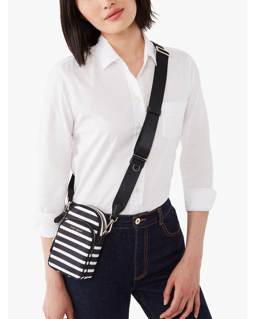 Kate spade cross body bag (Category: Cross-body Bags) located in Muntinlupa City. Submitted by MrsJay (Listing ID 1255599533, Image 2). Description: The Little Better Sam Hill Stripe North South Phone Crossbody printed durable woven polyester phone crossbody with zip-around closure 2 zipper compartments rubber mounted logo optional (and adjustable) crossbody strap fits up to an iphone xs max imported.