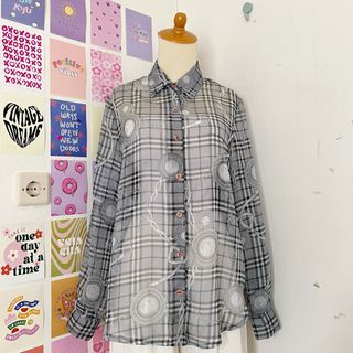 Kemeja Outer Shiffon Abu Tartan Kotak Motif Rantai Vintage