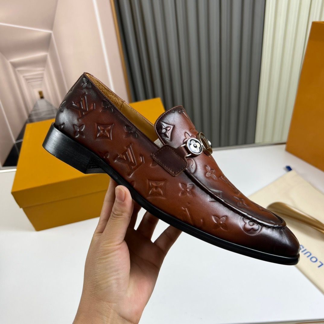 Louis Vuitton loafers dress shoes gradient dark brown embossed logos