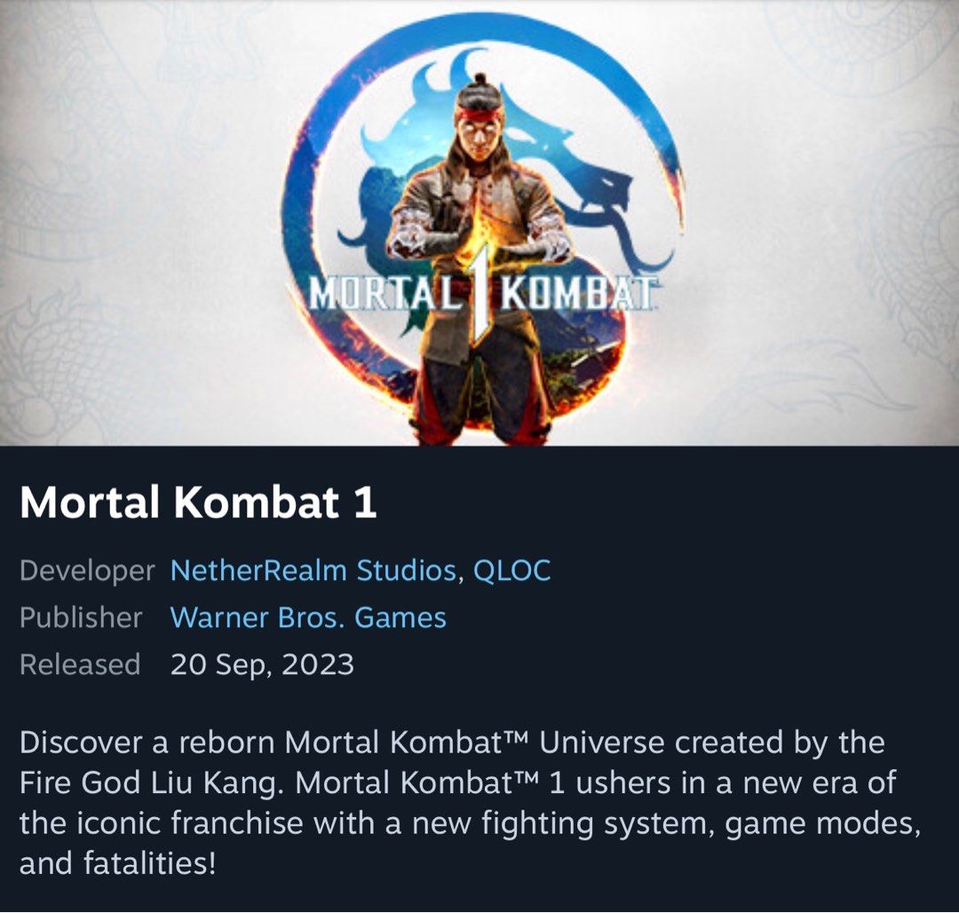 Mortal Kombat 1 PC Original - Steam Sharing, Video Gaming, Video Games,  Others on Carousell