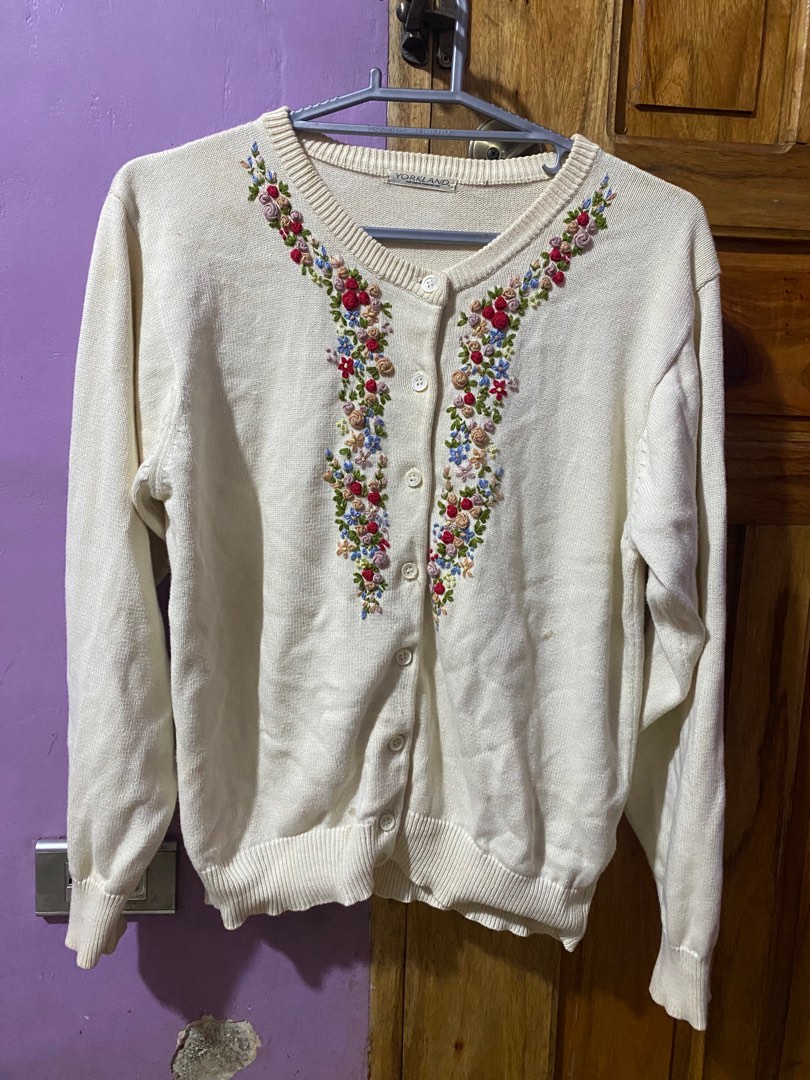 Pale Yellow Floral Embroidered Cardigan Sweater