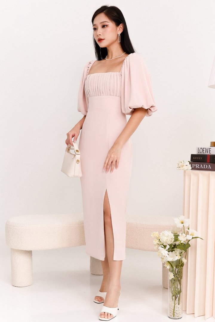 Caroline Midi Dress in Pastel Pink Bouquet Print