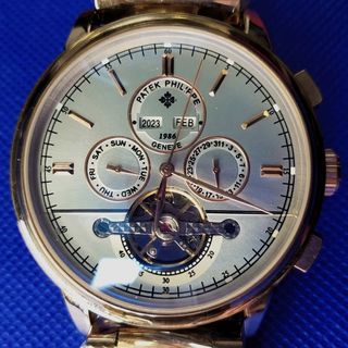 Patek Philippe Automatic White Face Exhibition Front Back 42mm Gold tone Bezel Bracelet Stainless Steel Case Year Month Day Date Subdial Butterfly Deployant Clasp 58152 Complications Roman Numerals