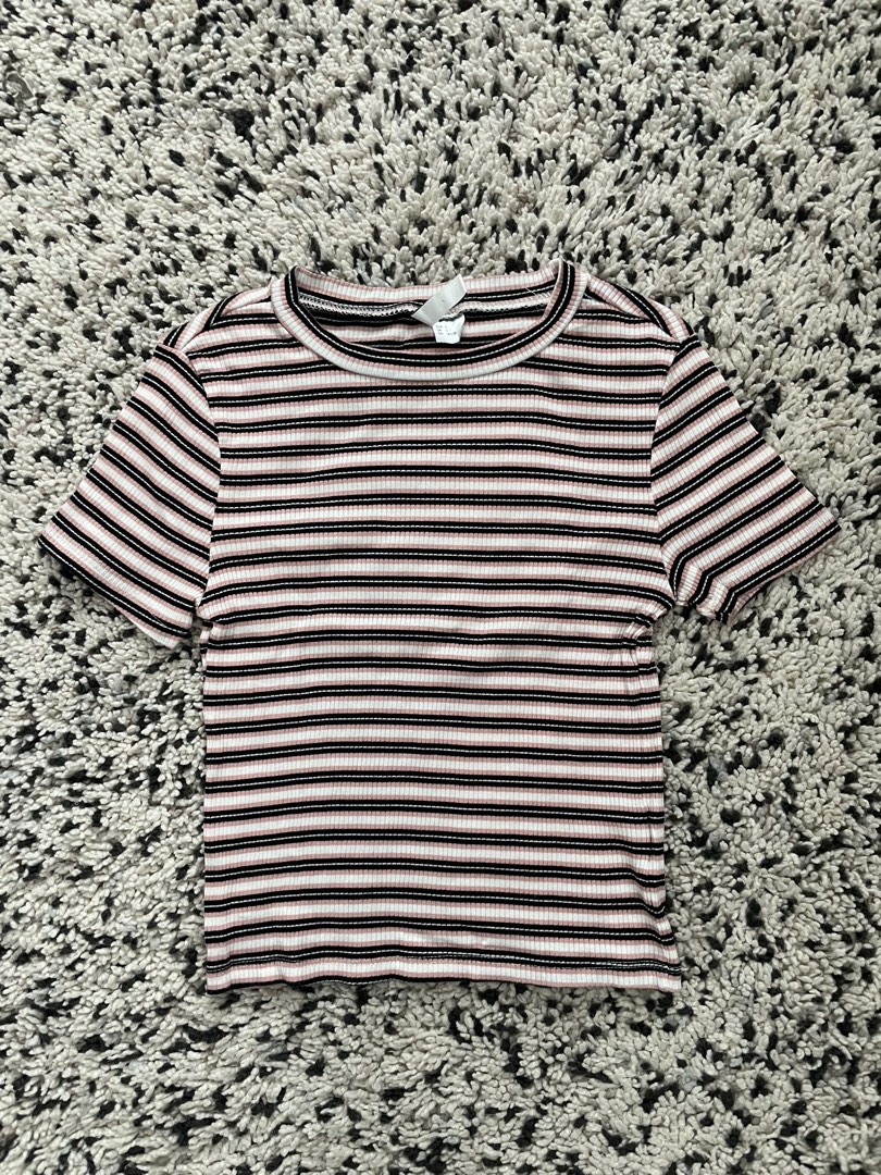 Pink, Black and White Striped Baby Tee, Women's Fashion, Tops, Shirts ...