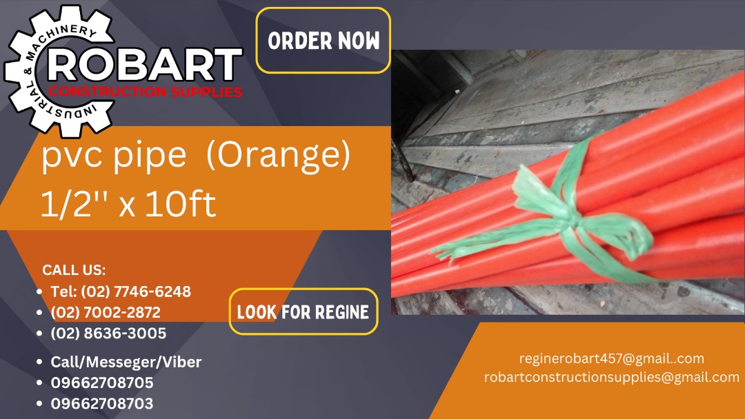 pvc pipe (Orange) 1/2'' x 10ft, Commercial & Industrial, Construction Tools & Equipment on Carousell