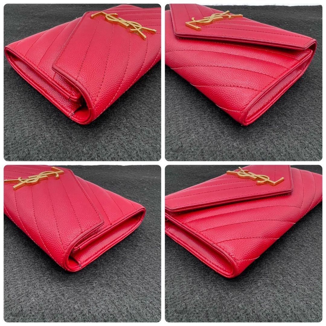 Auth Saint Laurent Bifold Purse Monogram Long Wallet YSL Red Leather Italy