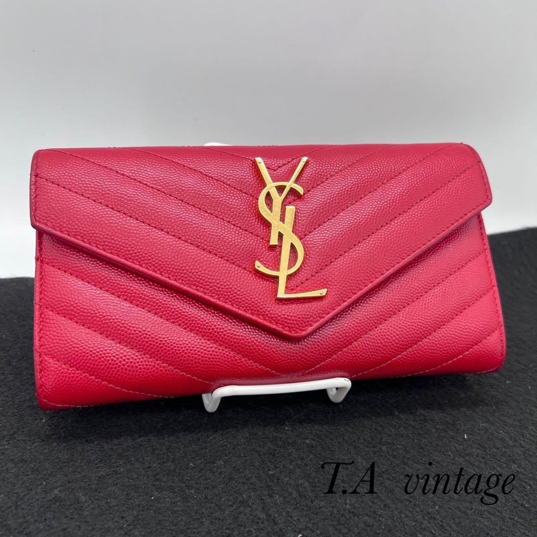 Auth Saint Laurent Bifold Purse Monogram Long Wallet YSL Red Leather Italy