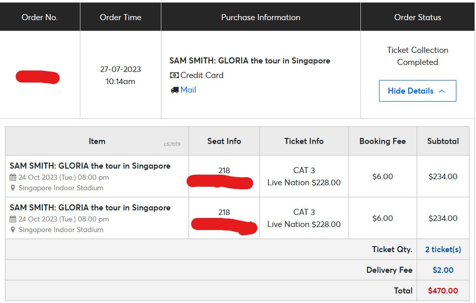 Sam Smith CAT3 section 218 Two tickets for 292 Tickets