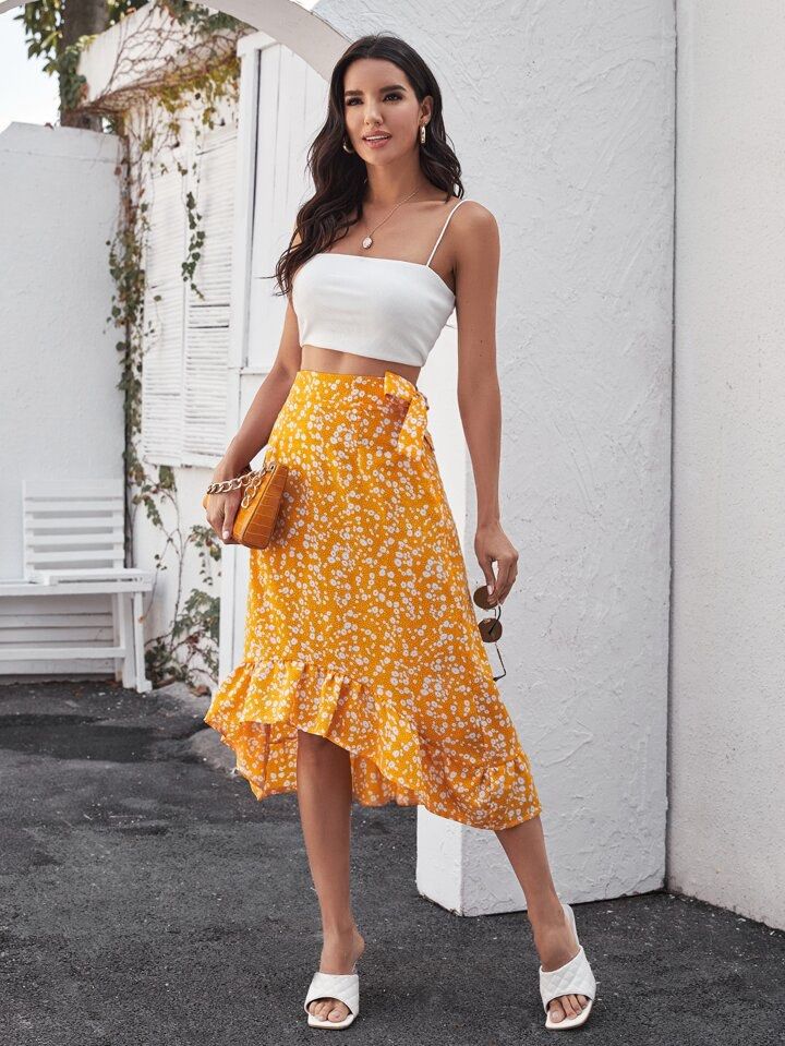 Mustard floral midi skirt online