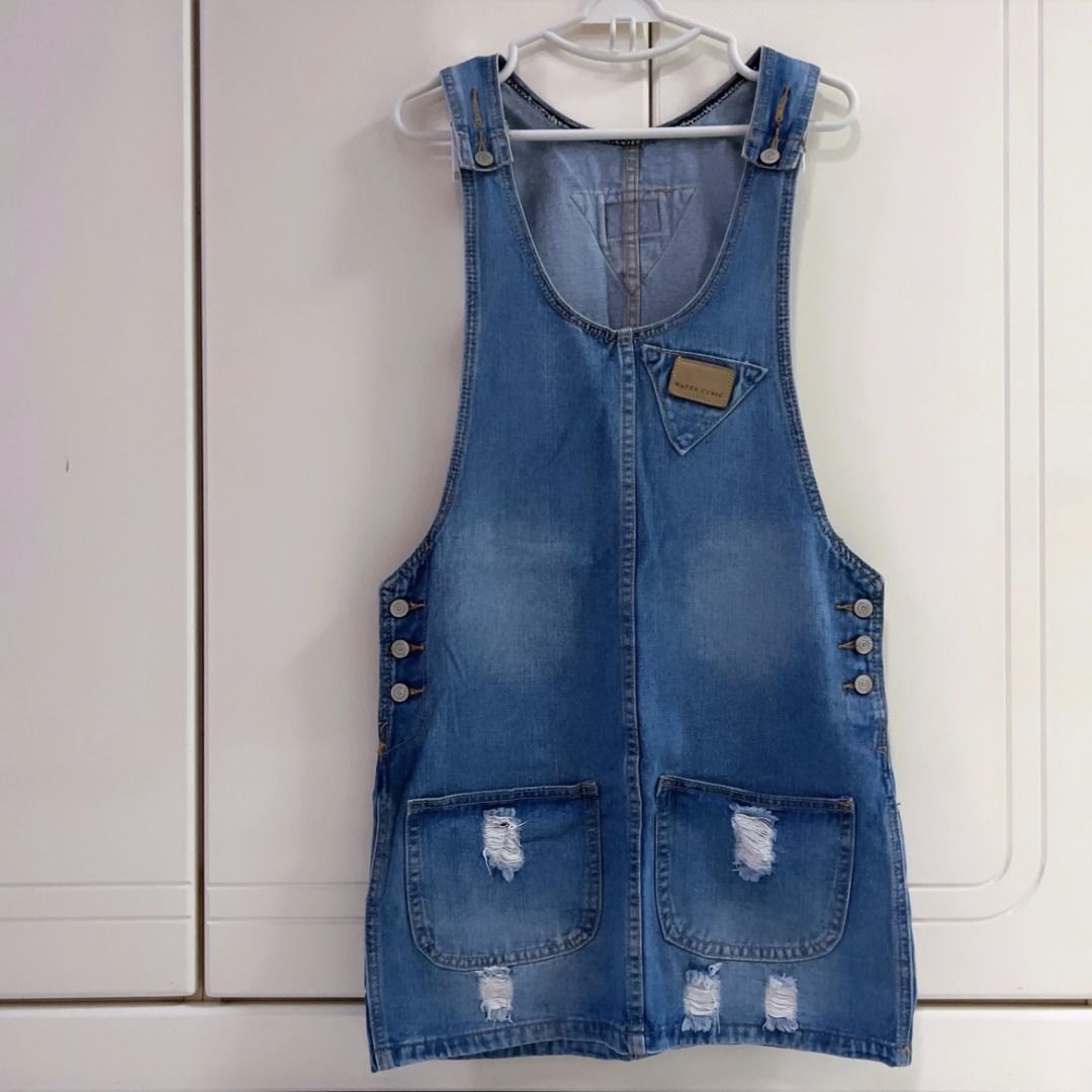 Straight Cut Ripped Denim Dungaree Dress Blue