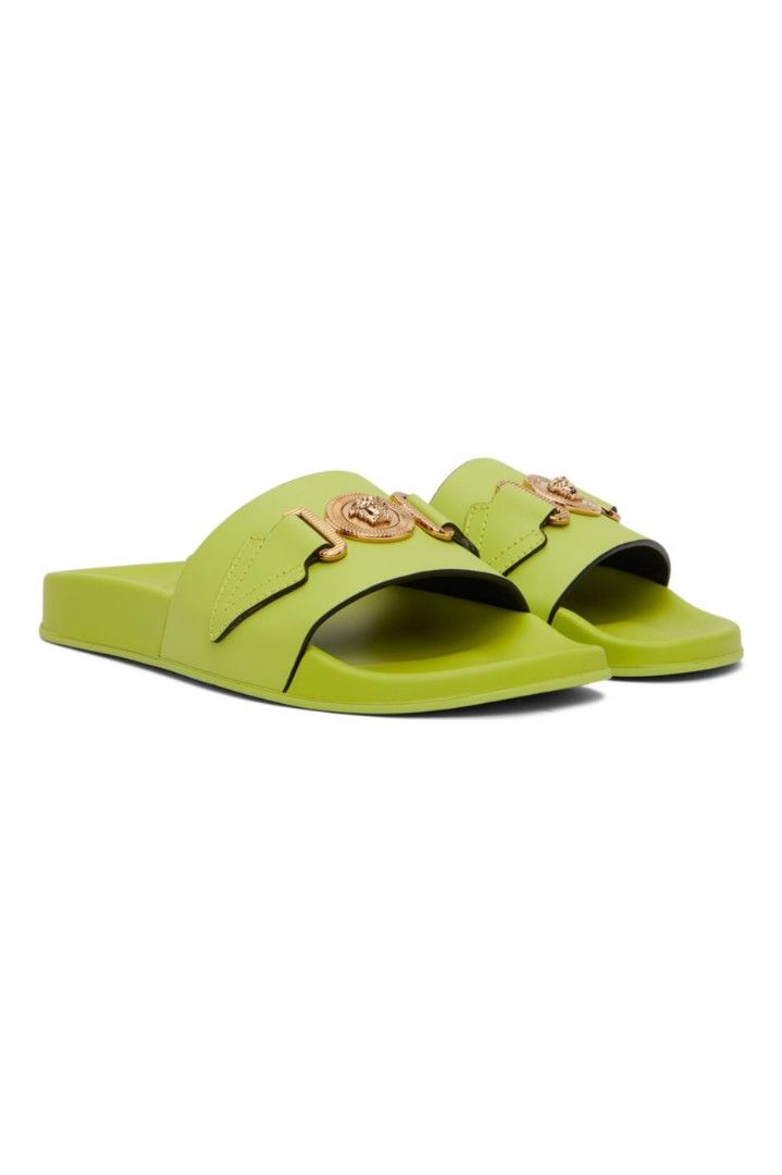 Versace Medusa Biggie Slide Green (Category: Slippers & Slides) located in Quezon City. Submitted by despao (Listing ID 1255759208, Image 1). Description: Rubber and buffed leather slip-on sandals in green. · Signature Medusa hardware at leather vamp · Logo embossed at molded footbed · Treaded rubber sole Supplier color: Yellow Green Upper: rubber, leather. Sole: rubber. Made in Italy. 221404M234032 Used once. Like New w/ Box.