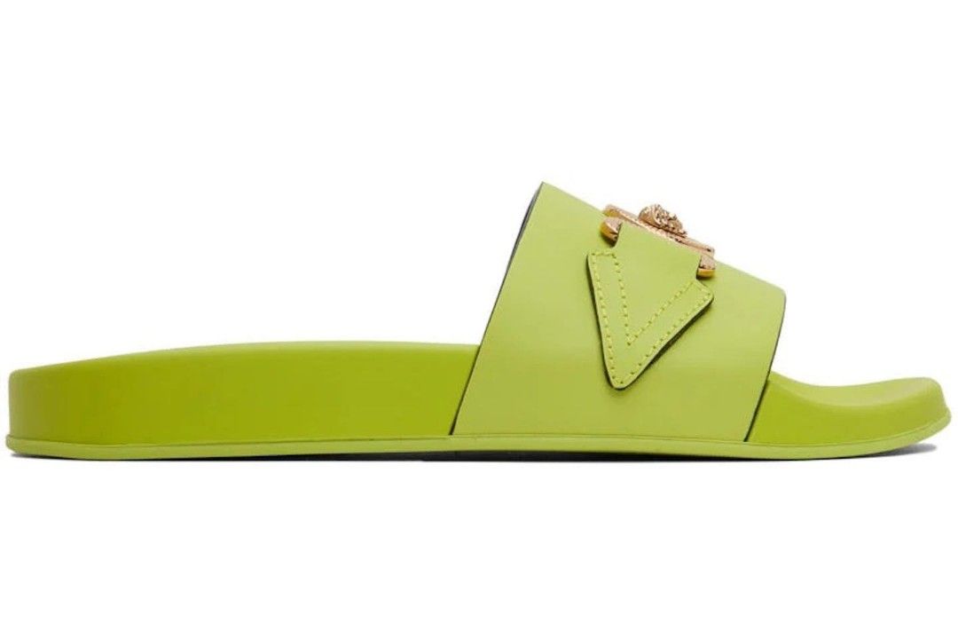 Versace Medusa Biggie Slide Green (Category: Slippers & Slides) located in Quezon City. Submitted by despao (Listing ID 1255759208, Image 2). Description: Rubber and buffed leather slip-on sandals in green. · Signature Medusa hardware at leather vamp · Logo embossed at molded footbed · Treaded rubber sole Supplier color: Yellow Green Upper: rubber, leather. Sole: rubber. Made in Italy. 221404M234032 Used once. Like New w/ Box.