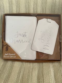 Vintage White Just Married Travel Set Passport Case and Travel Tag