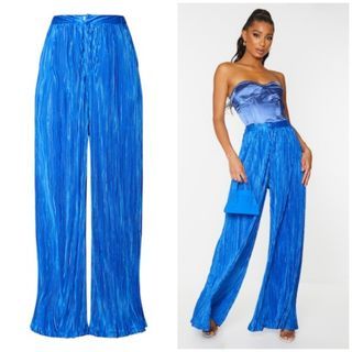 Women Imported Pleated Lettuce Trim Wide Leg  Trouser Highwaist Pants