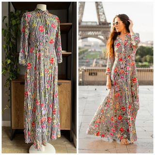 ZARA Floral Stripe Rayon Sutera Maxi Dress
