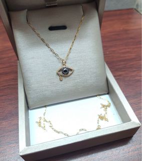 18K Evil Eye Natural Diamond, Sapphire, Black Onyx Pendant Necklace in HK Setting w/certificate Real Pawnable (Pendant only)