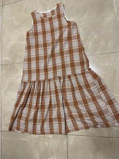 韓國製🇰🇷田園風啡白色格仔背心娃娃連身長裙 Korean made in Korea brown & white checks pattern country style one piece long vest dress64234489537410110