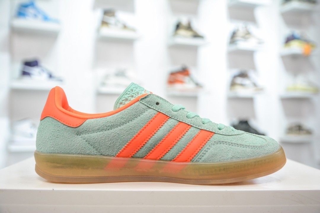 adidas gazelle silver green womens Adidas Unisex Gazelle Indoors Easy Orange / Clear Mint / Gum Low Top  Sneakers