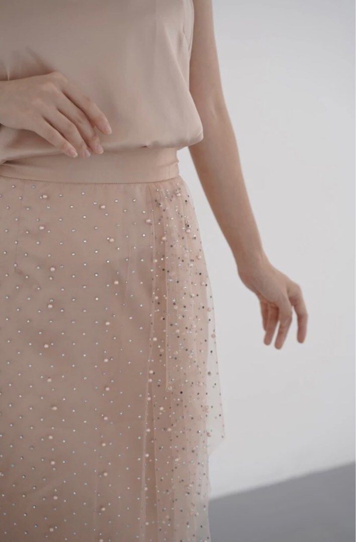 Aura Label Chiara Tulle Pearl Skirt in Cream