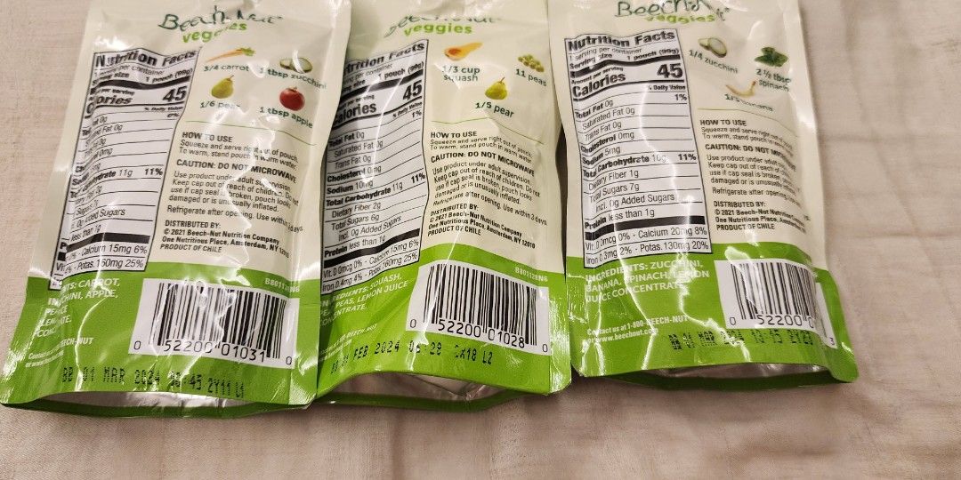 Beech Nut veggie & fruit puree pouches stage 2 carrot pear zucchini