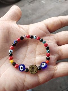 Blessed in Vatican Rome Italy corales, black onyx with evil eyes beads with St. Benedict medallion baby bracelet