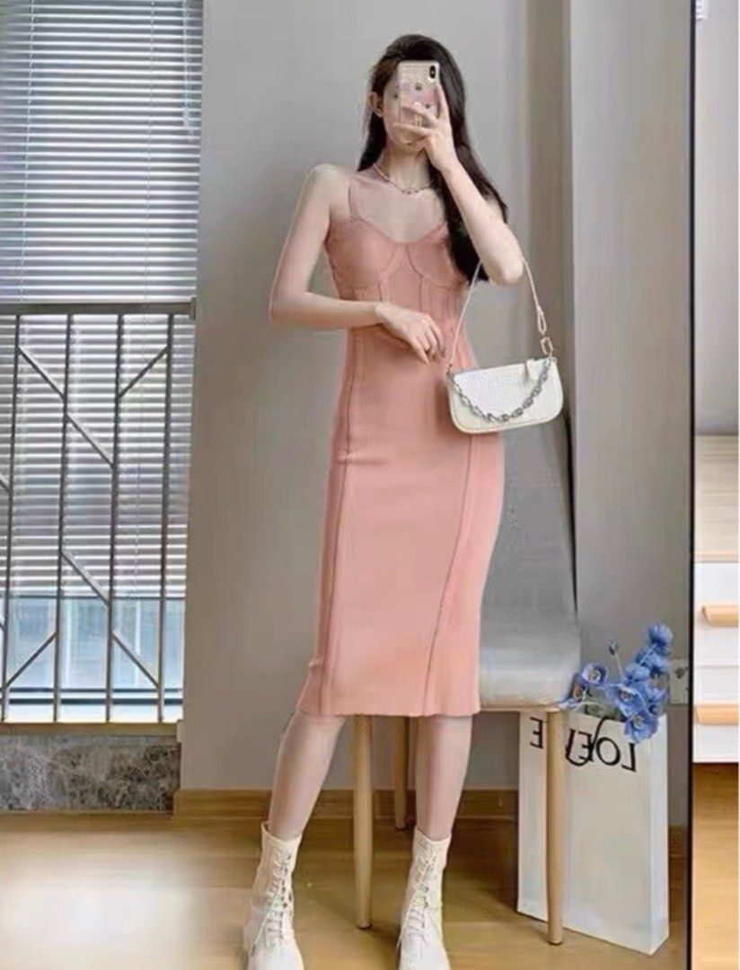 nude pink bodycon dress Cocktail Dress Satin Light Pink Bodycon Midi Dress Pink Rib Double Spaghetti Strap Bodycon Dress Dresses PLT UAE