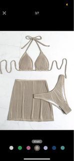 Brown Khaki 3 Pack Halter Triangle High Cut Bikini Swimsuit & Beach Skirt