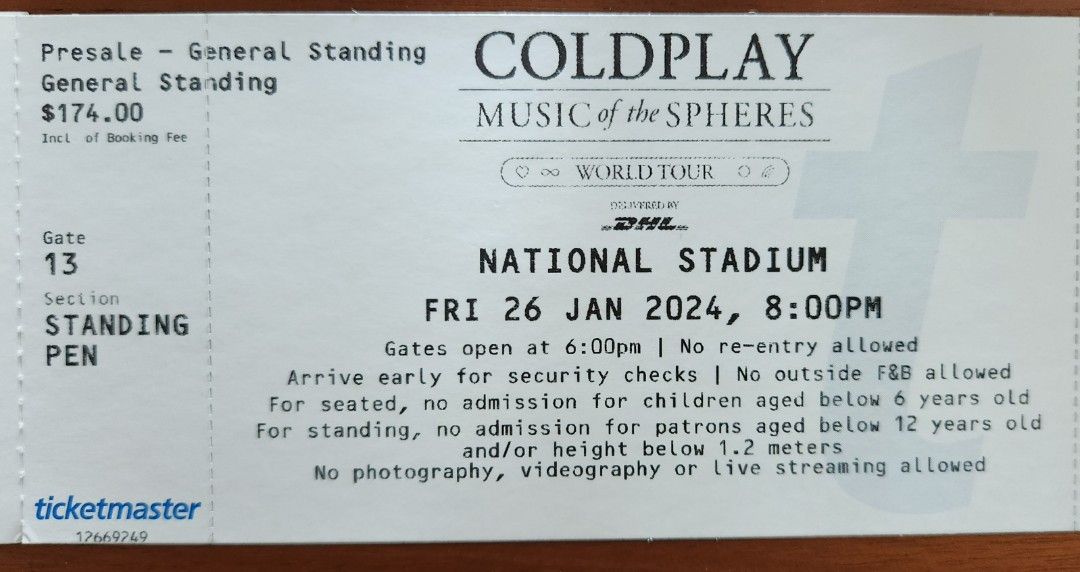 Coldplay Concert Ticket 26 Jan 2024 General Standing, Tickets
