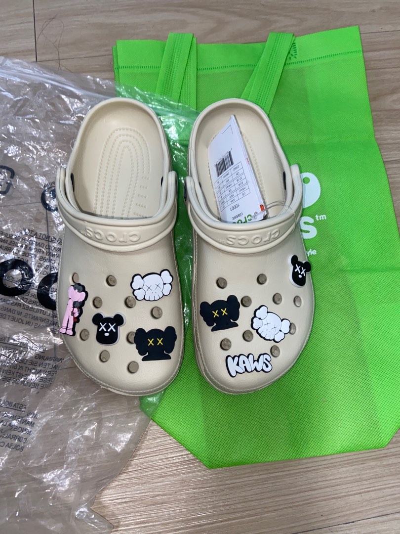 Crocs classic clog in beige white with kaws jibbitz, Women's Fashion